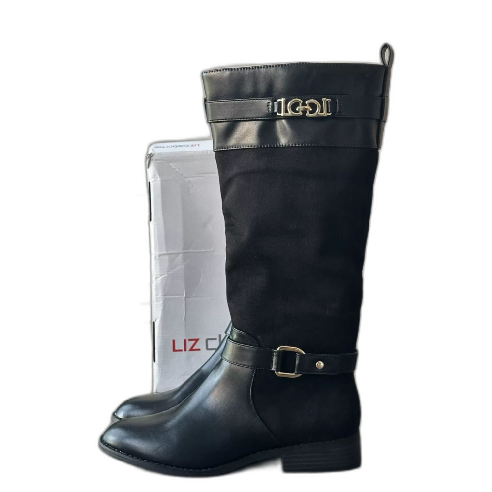 Liz Claiborne LC Roma Black Riding Boots Women's Size 8.5 M Mid Calf Gold Trim - Picture 3 of 6